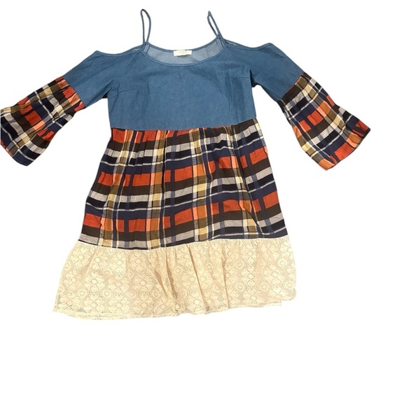 Umgee Cold Shoulder Chambray Plaid Dress Size Small. Style #130733. - Picture 3 of 7